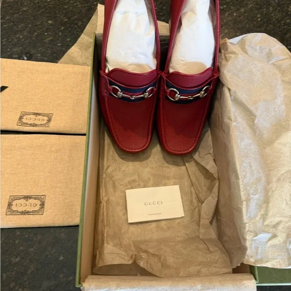 Gucci Red Leather Loafers with Silver and Blue Accents - Picture 3 of 4